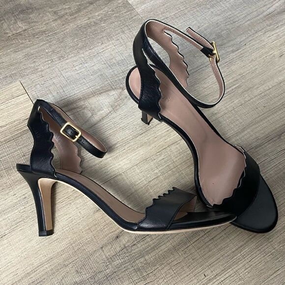 CHLOE | Black Leather Scalloped Edge Lauren Mid-Heel Ankle Wrap Pumps Size 38 - Picture 3 of 11